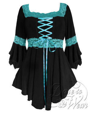 Dare Fashion Renaissance Long sleeve top F05 BlackTurquoise Victorian Gothic Corset Blouse