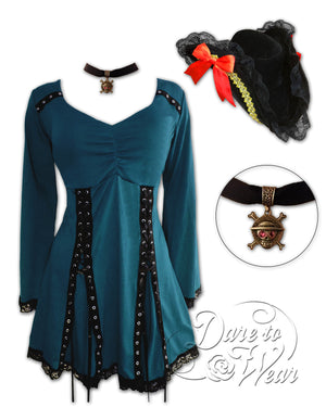 Dare to Wear Victorian Gothic Steampunk Corsair Pirate Costume with Electra Top, Dark Teal