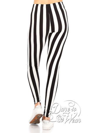 Peached Leggings in Beetlejuice | Black White Vertically Striped Tights Back