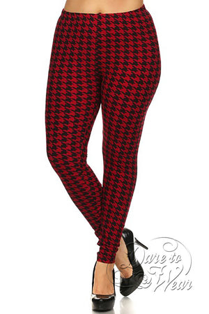 Peached Leggings in Bloodhound | Red Black Houndstooth Checked Tights Plus-Front