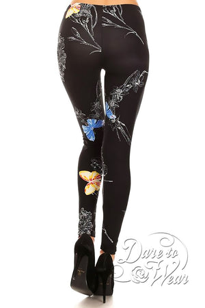 Peached Leggings in Butterfly Kisses | Pink Orange Blue Lacewings on Black Tights Back