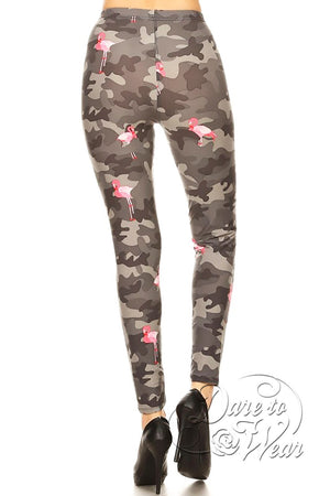 Peached Leggings in Camo Flamingo | Grey Camouflage Pink Flamingo Tights Back