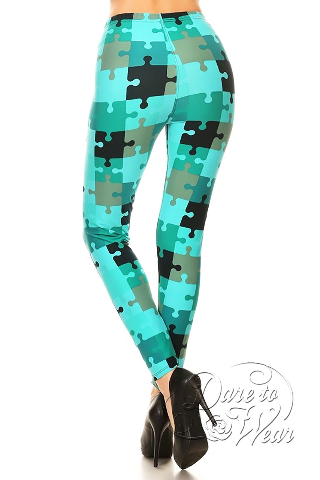 Peached Leggings in Missing Piece  Turquoise Blue Jigsaw Puzzle Tights -  Dare Fashion Globe