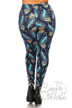 Peached Leggings in Peacock | Blue Green Turquoise Feather Tights Plus-Back