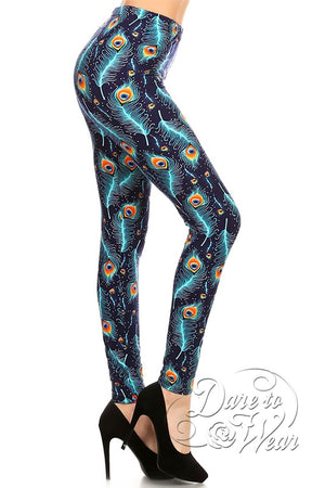 Peached Leggings in Peacock | Blue Green Turquoise Feather Tights Side