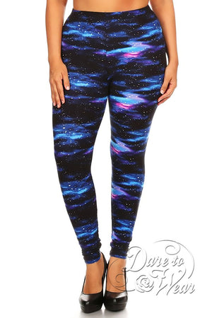 Peached Leggings in Stardust | Night Sky Galaxy Pink Blue Nebula Tights Plus-Front