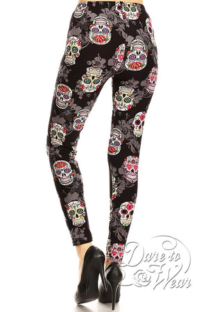 Peached Leggings in Sugar Skulls | Colorful Black Day of Dead Tights Back