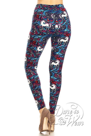 Peached Leggings in Unicorn Mist | Mythic Blue Red Pink Snowflake Tights Back