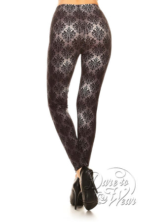 Peached Leggings in Victorian Brocade | Grey Damask Gradient Fade Tights Back