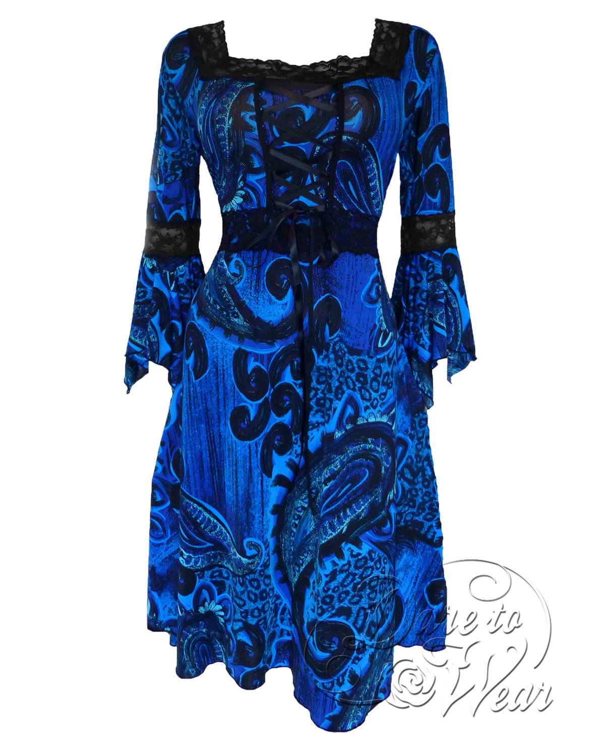 Renaissance in Deep Sea | Blue Paisley Gothic Victorian Corset Dress