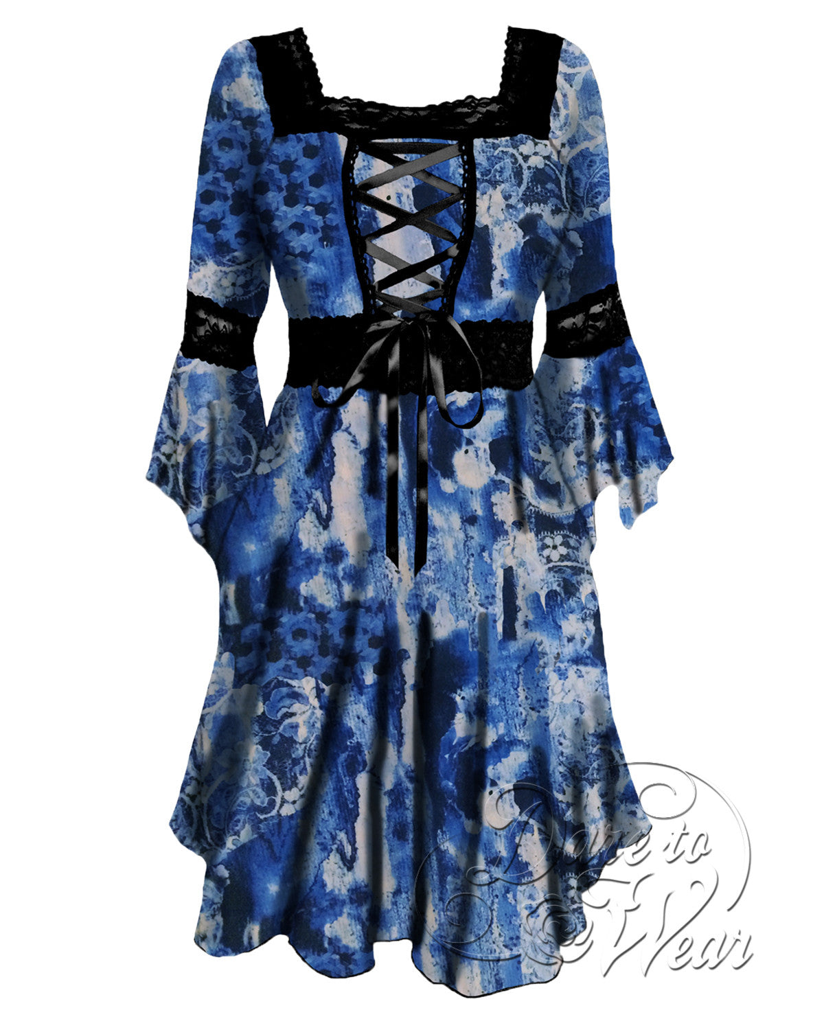 Renaissance Dress in Storm  Sky Blue Denim Gothic Tie-dye Corset