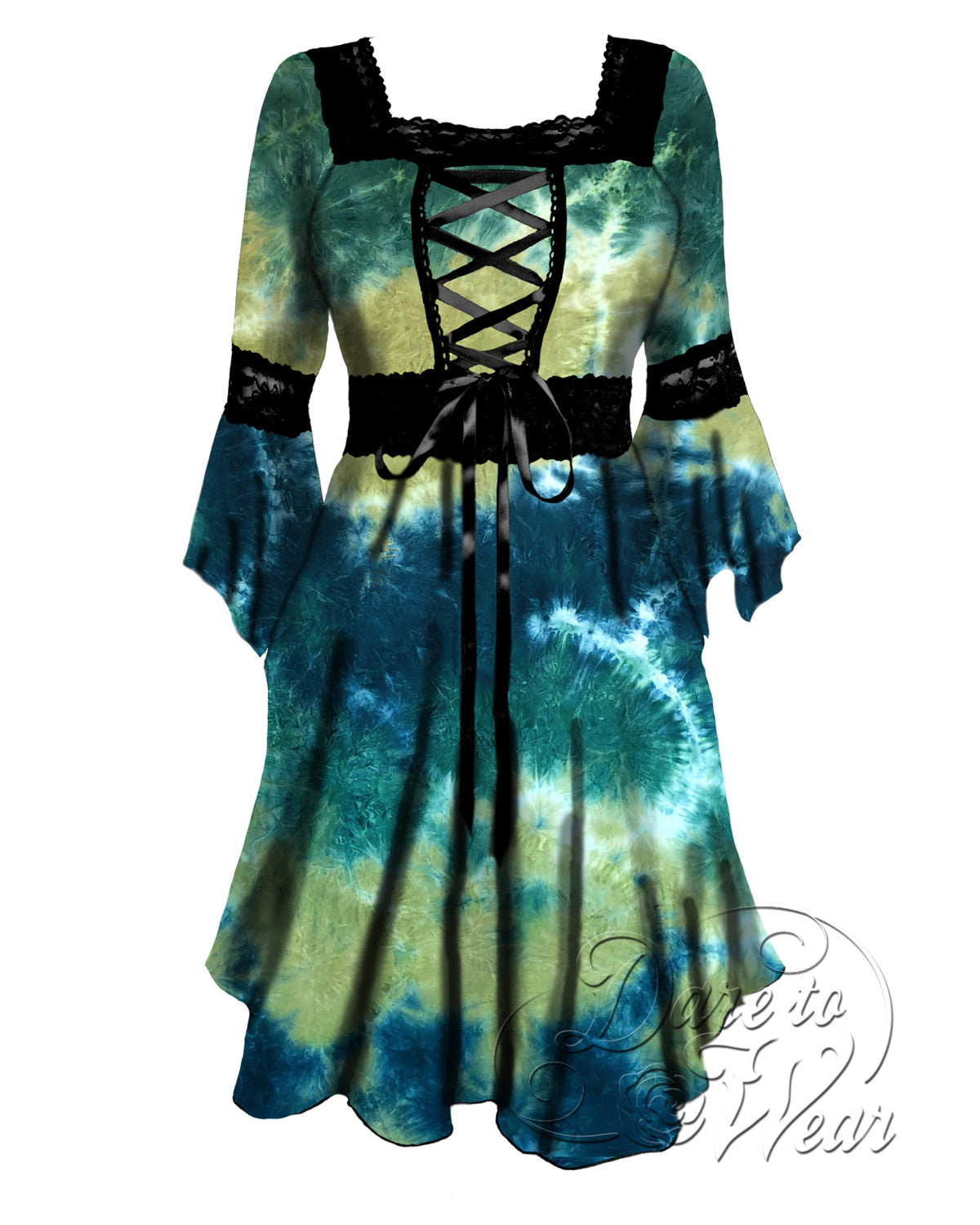 Renaissance Dress in Vernal Pool | Spring Green Blue Gaelic Tie-dye Corset Gown - Dare Fashion Globe Renaissance Dress in Vernal Pool | Spring Green Blue Gaelic Tie-dye Corset Gown - Dare Fashion Globe
