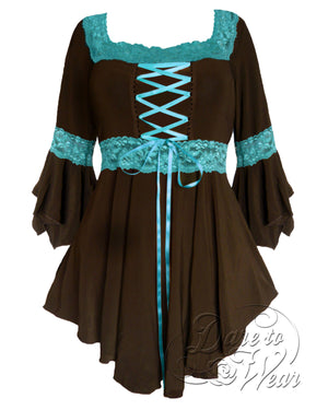 Dare Fashion Renaissance Long sleeve top F05 BrownTurquoise Victorian Gothic Corset Blouse