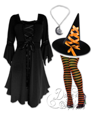 Dare to Wear Victorian Gothic Steampunk Sorceress Witch Costume with Black Renaissance Dress, Orange
