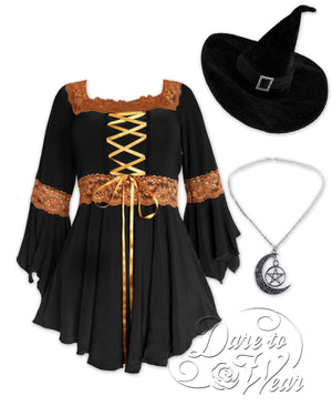 Dare Fashion Spellcaster Witch  H03 BlackGold Renaissance Witch Costume Gothic Cosplay