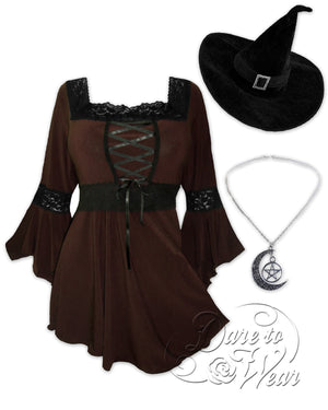 Dare to Wear Victorian Gothic Steampunk Spellcaster Witch Costume with Renaissance Top, Walnut