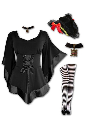 Dare to Wear Victorian Gothic Steampunk Buccaneer Pirate Costume with Treasure Top, Black