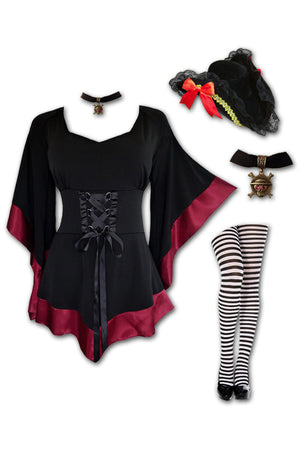 Dare to Wear Victorian Gothic Steampunk Buccaneer Pirate Costume with Treasure Top, Burgundy