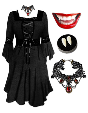 Dare to Wear Victorian Gothic Steampunk Eternal Vampire Costume with Renaissance Dress, Black Rain