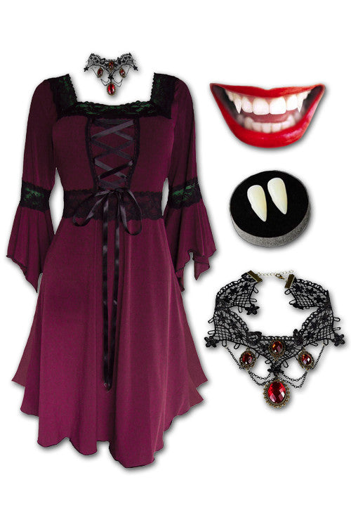 Eternal Vampire Costume with Renaissance Dress, Burgundy Eternal Vampire Costume with Renaissance Dress, Burgundy