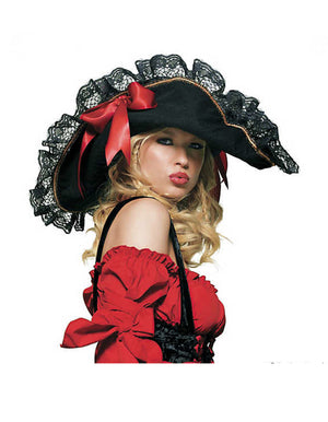 Fancy Black Velour Pirate Hat with Black Lace and Red Bows