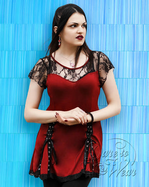 Dare Fashion Roxann Short sleeve top S46 Burgundy GGFold Gothic Steampunk Roxann Lace Top